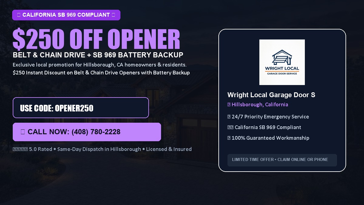 $250 OFF Smart Garage Door Opener Installation (Belt & Chain Drive with California SB 969 Battery Backup) in Hillsborough, CA